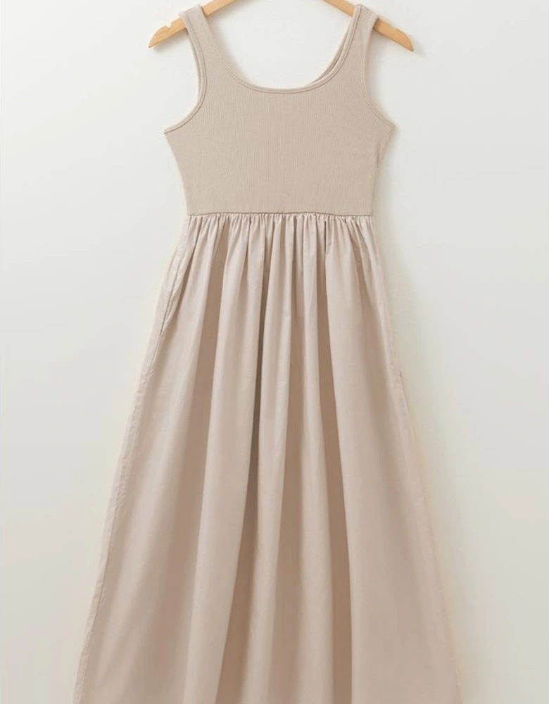 Beige Scoop Neck Ribbed Bodice Pleated Sleeveless Long Dress