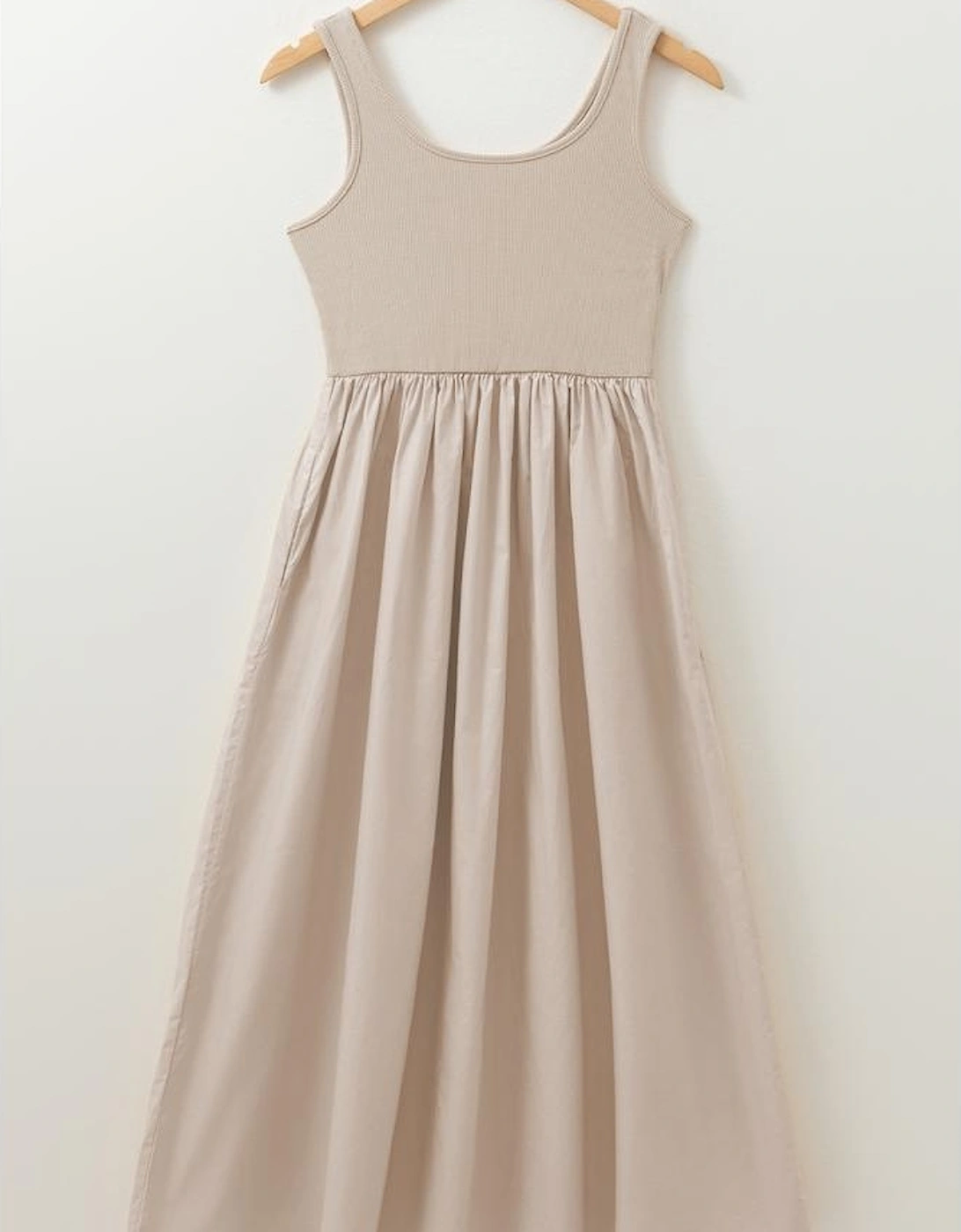 Beige Scoop Neck Ribbed Bodice Pleated Sleeveless Long Dress