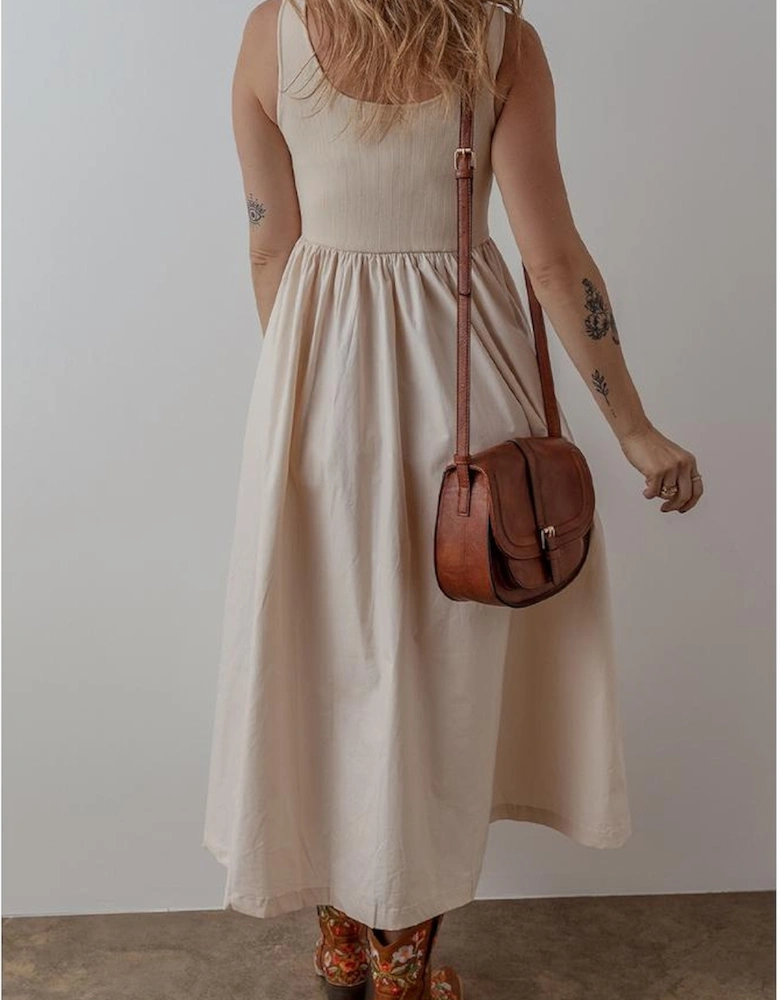 Beige Scoop Neck Ribbed Bodice Pleated Sleeveless Long Dress