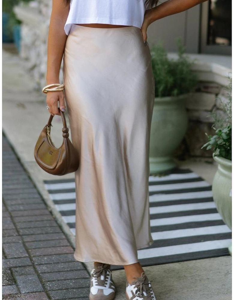 Jet Stream Satin Solid High Waist Maxi Skirt