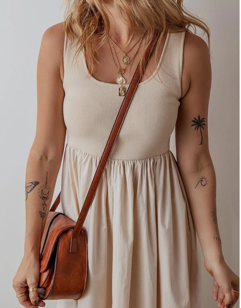 Beige Scoop Neck Ribbed Bodice Pleated Sleeveless Long Dress