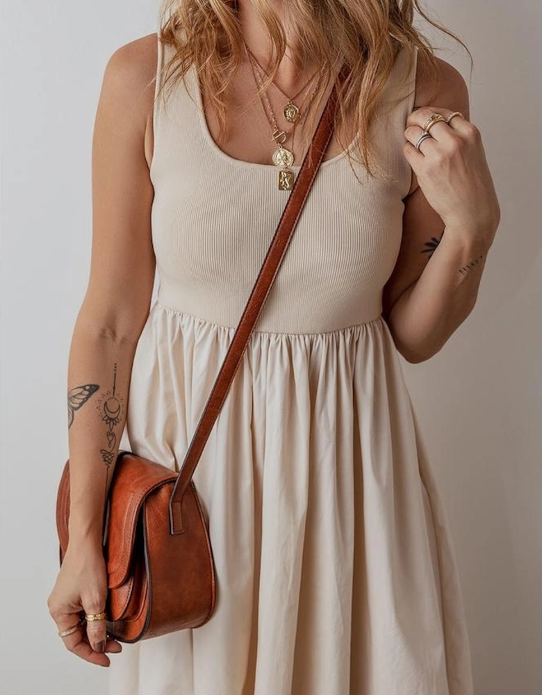 Beige Scoop Neck Ribbed Bodice Pleated Sleeveless Long Dress