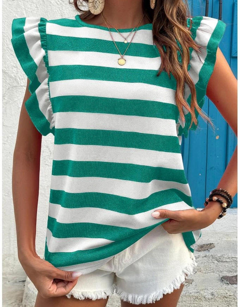 Green Stripe Flutter Sleeve Round Neck T Shirt