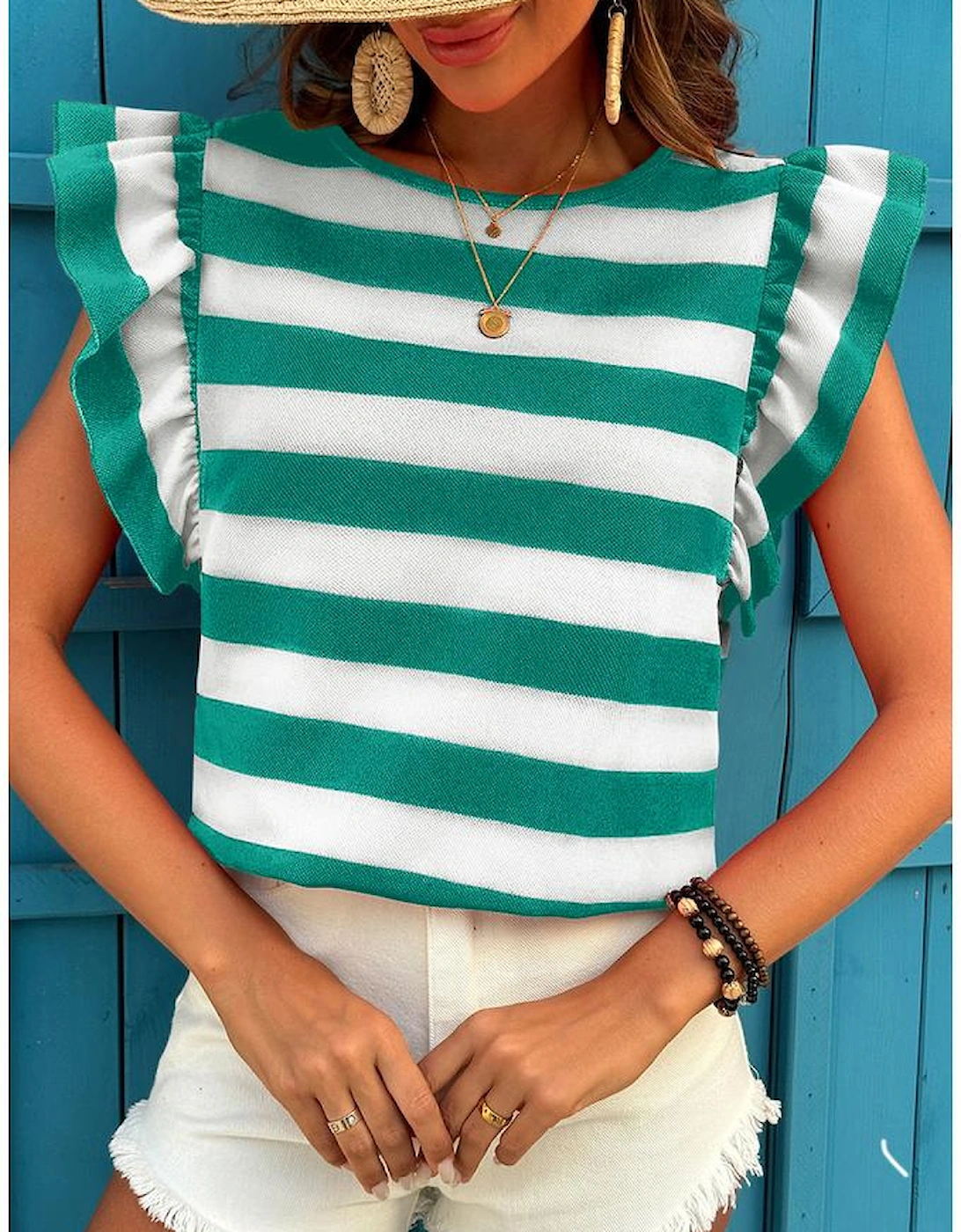 Green Stripe Flutter Sleeve Round Neck T Shirt
