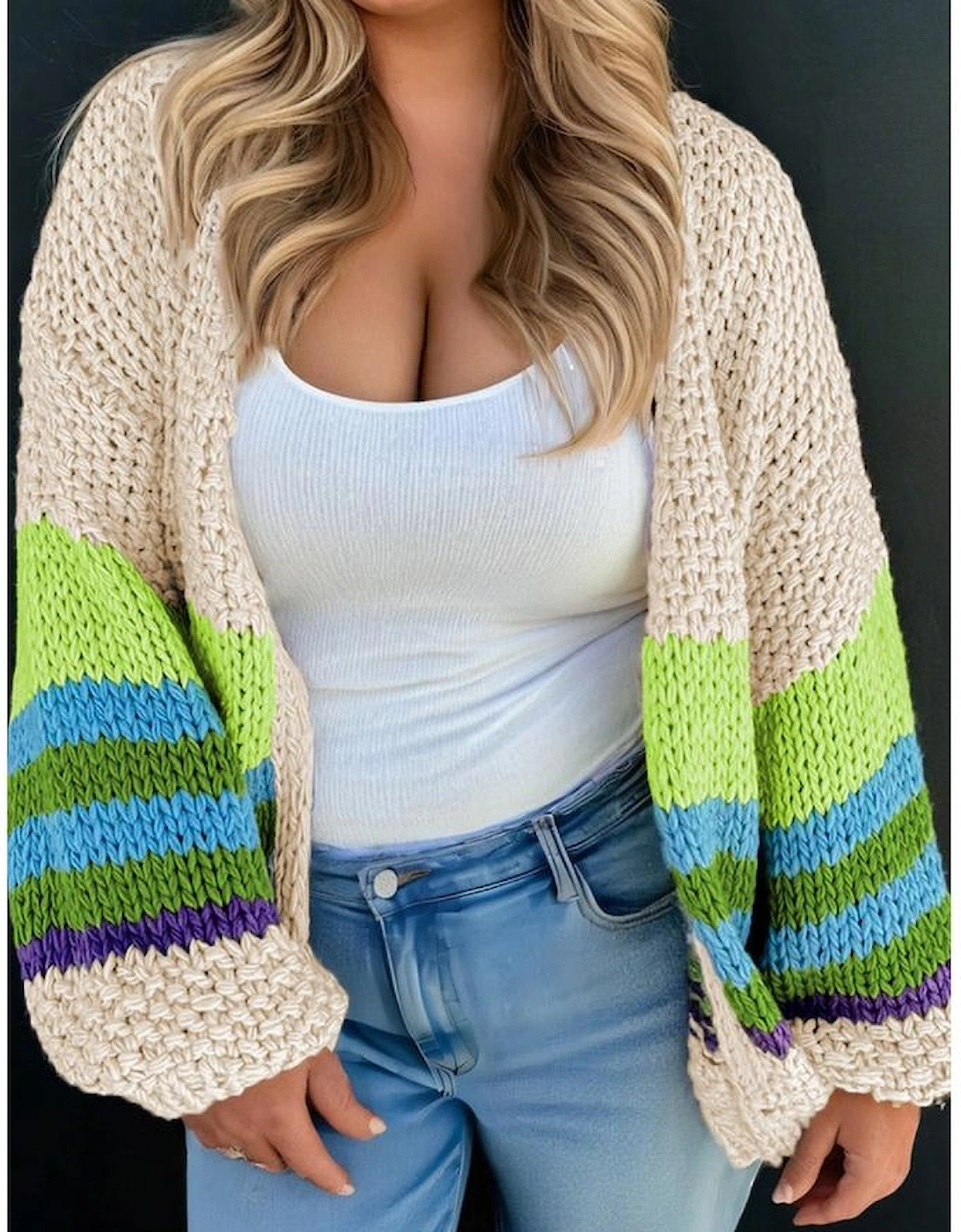 Parchment Color Block Crochet Open Front Plus Size Cardigan