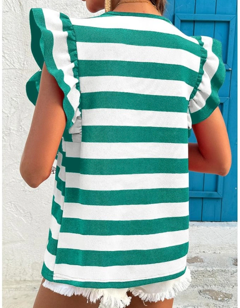 Green Stripe Flutter Sleeve Round Neck T Shirt