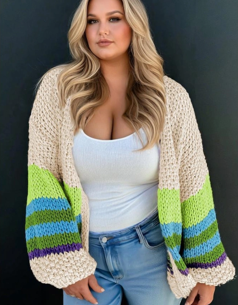 Parchment Color Block Crochet Open Front Plus Size Cardigan