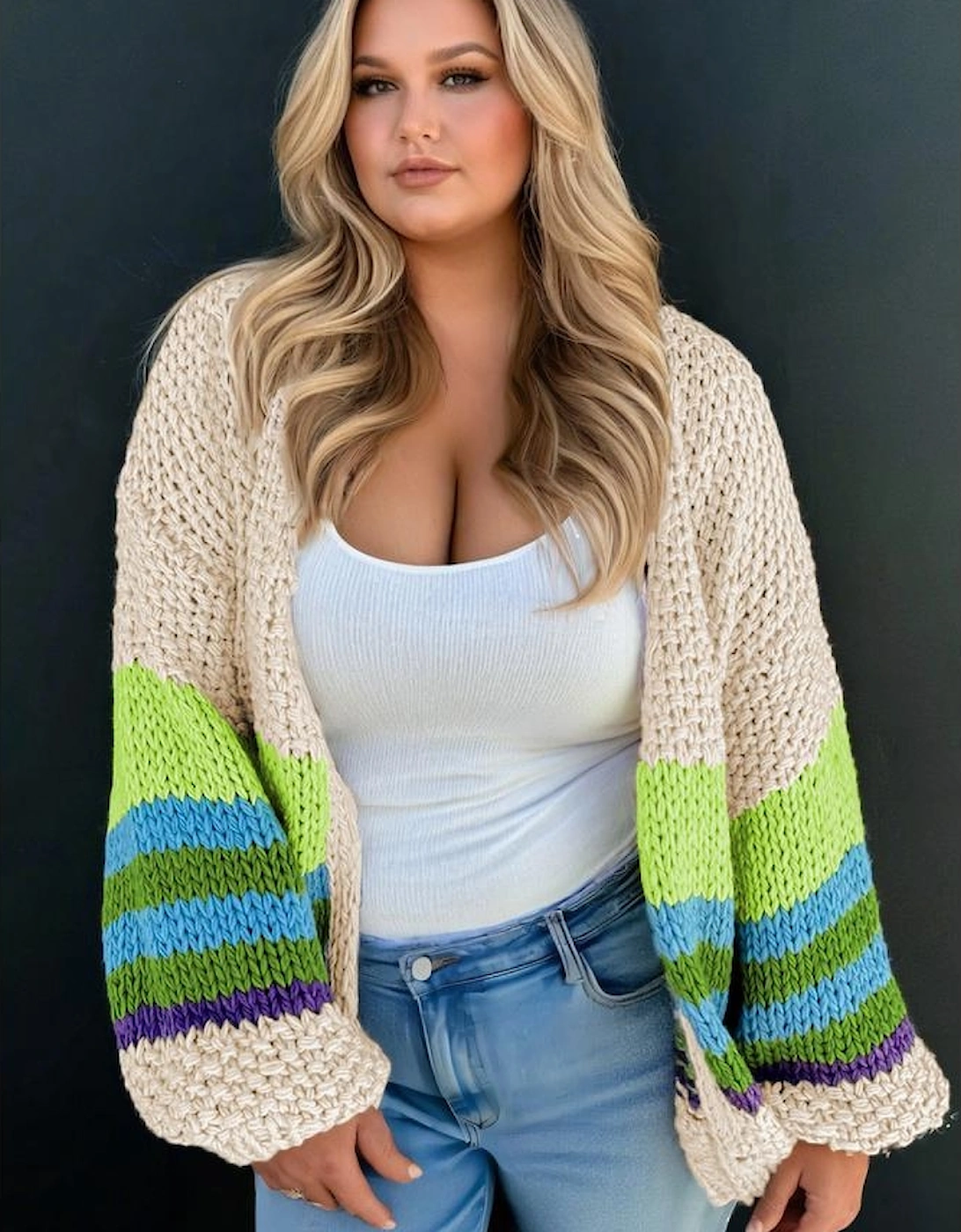 Parchment Color Block Crochet Open Front Plus Size Cardigan, 9 of 8