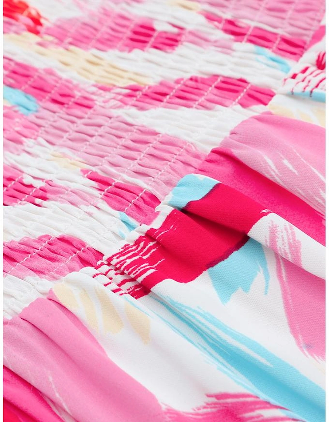 Pink Brush Stroke Printed Smocked Ruffle Tiered Dress