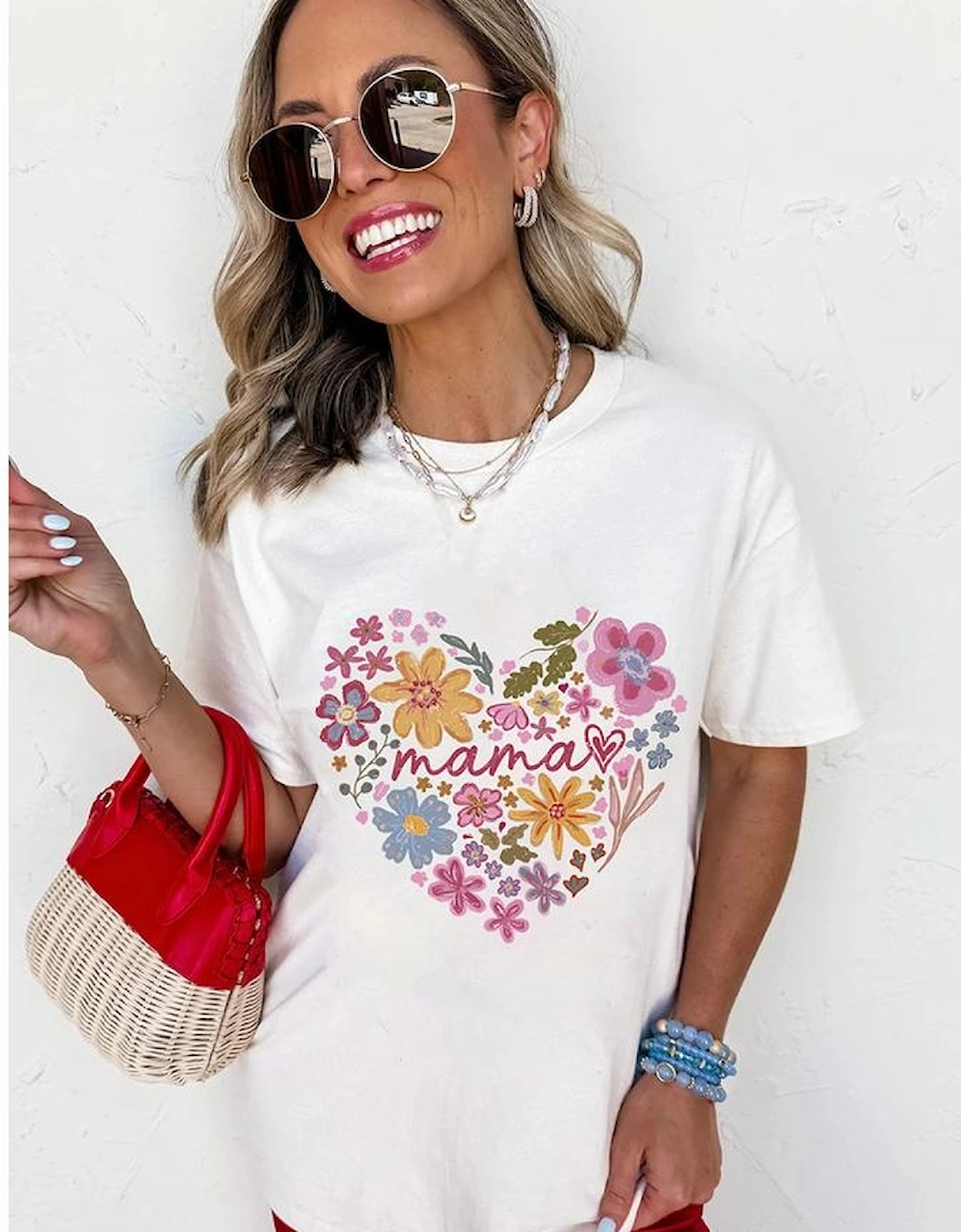 White MAMA Flower Heart Cotton Blend Graphic Tee