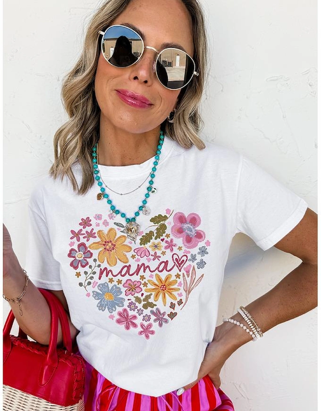 White MAMA Flower Heart Cotton Blend Graphic Tee