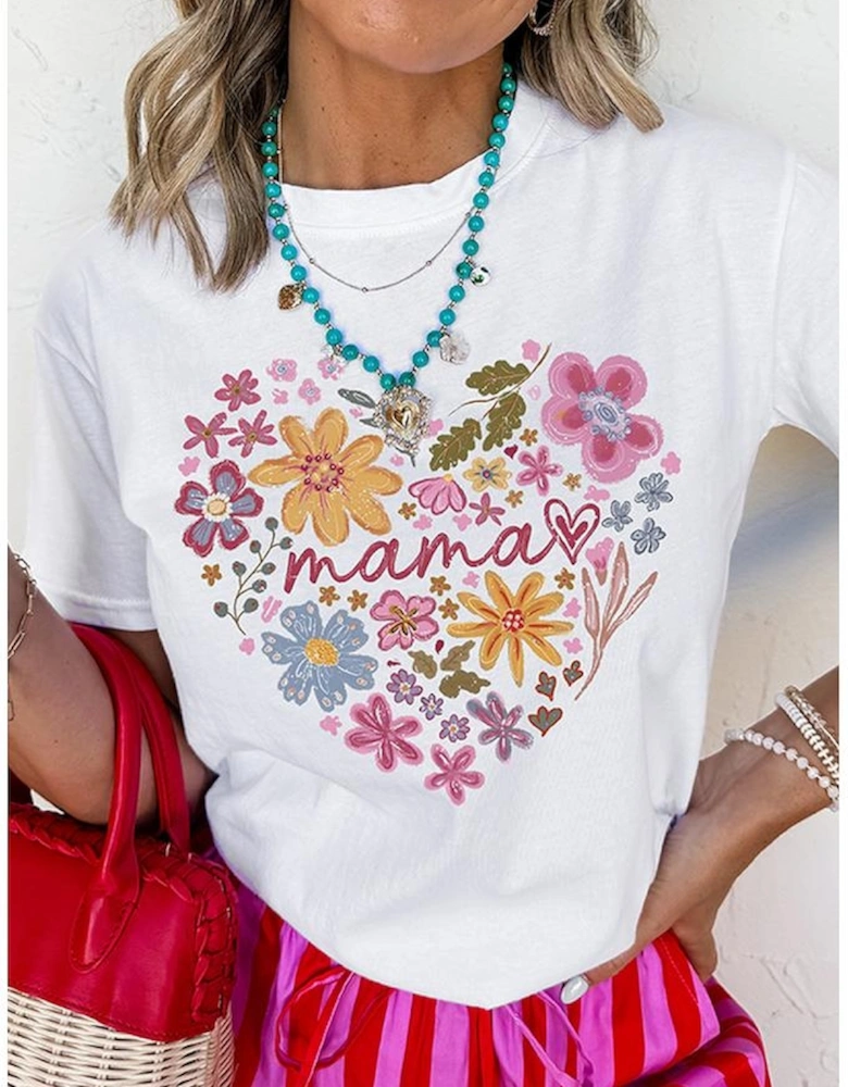 White MAMA Flower Heart Cotton Blend Graphic Tee