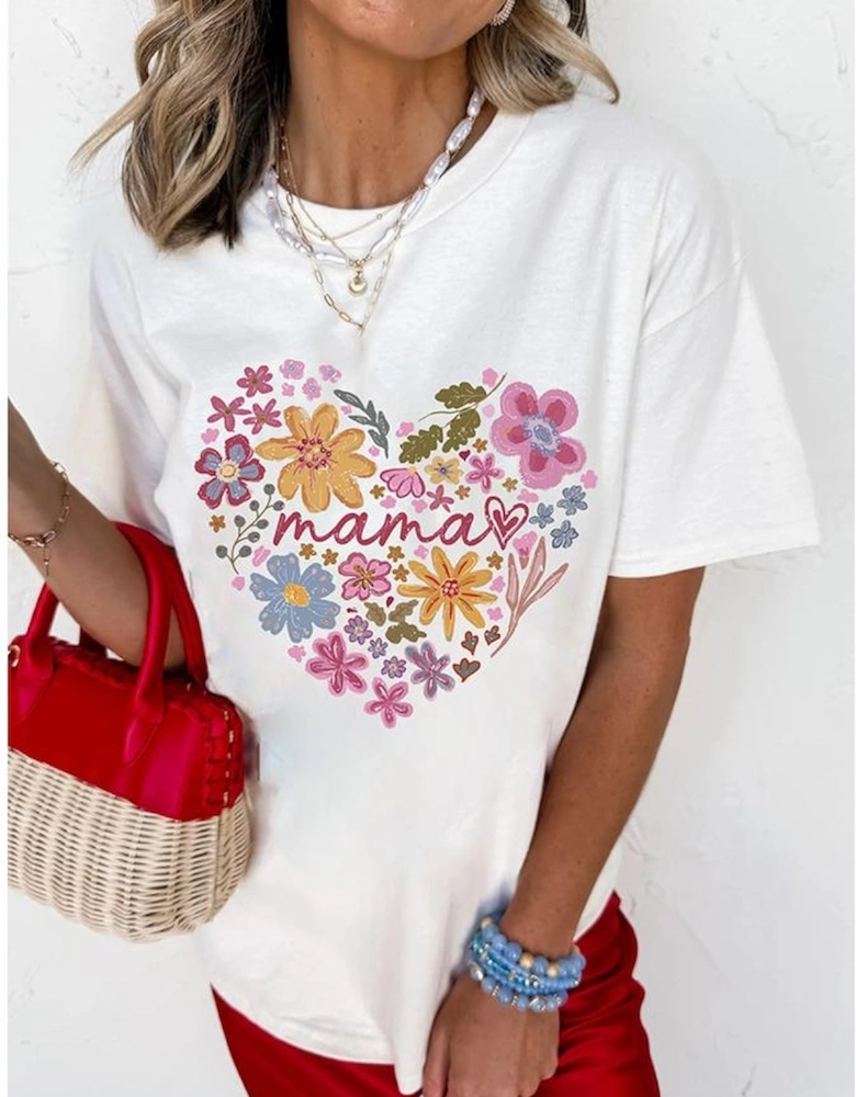 White MAMA Flower Heart Cotton Blend Graphic Tee