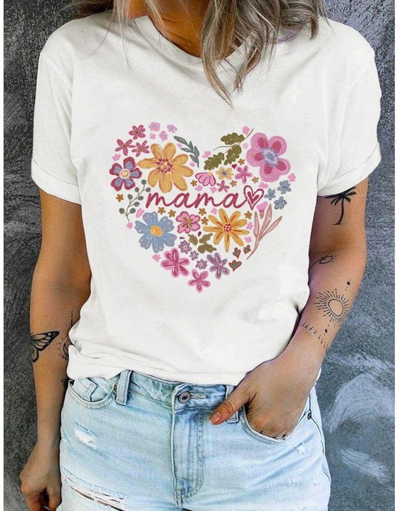 White MAMA Flower Heart Cotton Blend Graphic Tee