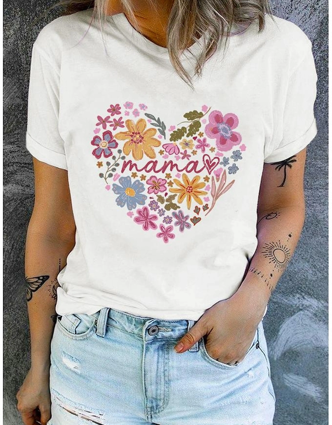 White MAMA Flower Heart Cotton Blend Graphic Tee