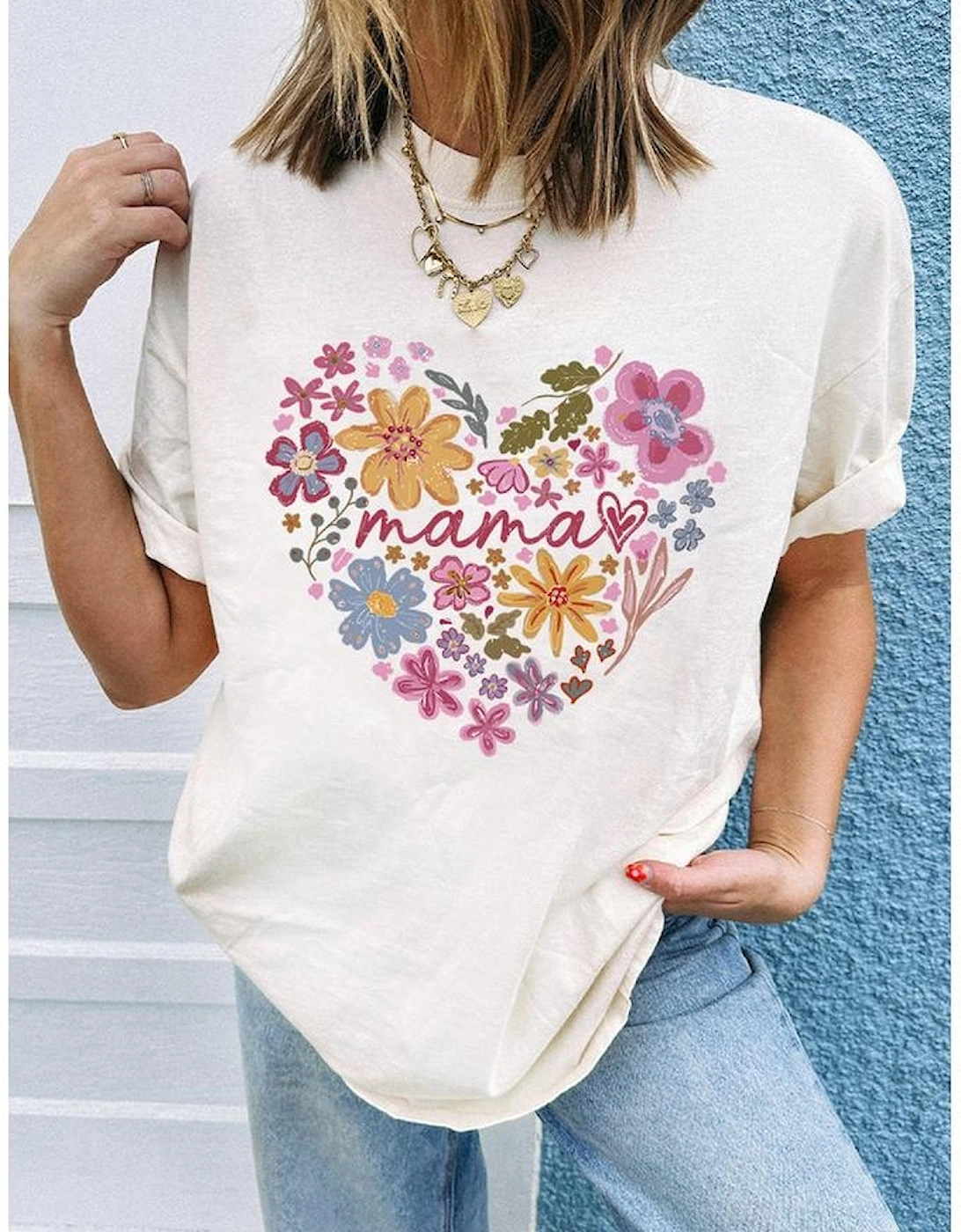 White MAMA Flower Heart Cotton Blend Graphic Tee, 10 of 9