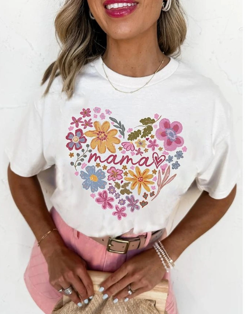 White MAMA Flower Heart Cotton Blend Graphic Tee