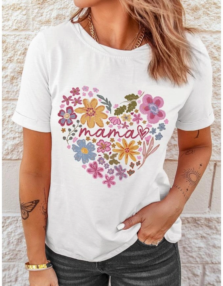 White MAMA Flower Heart Cotton Blend Graphic Tee