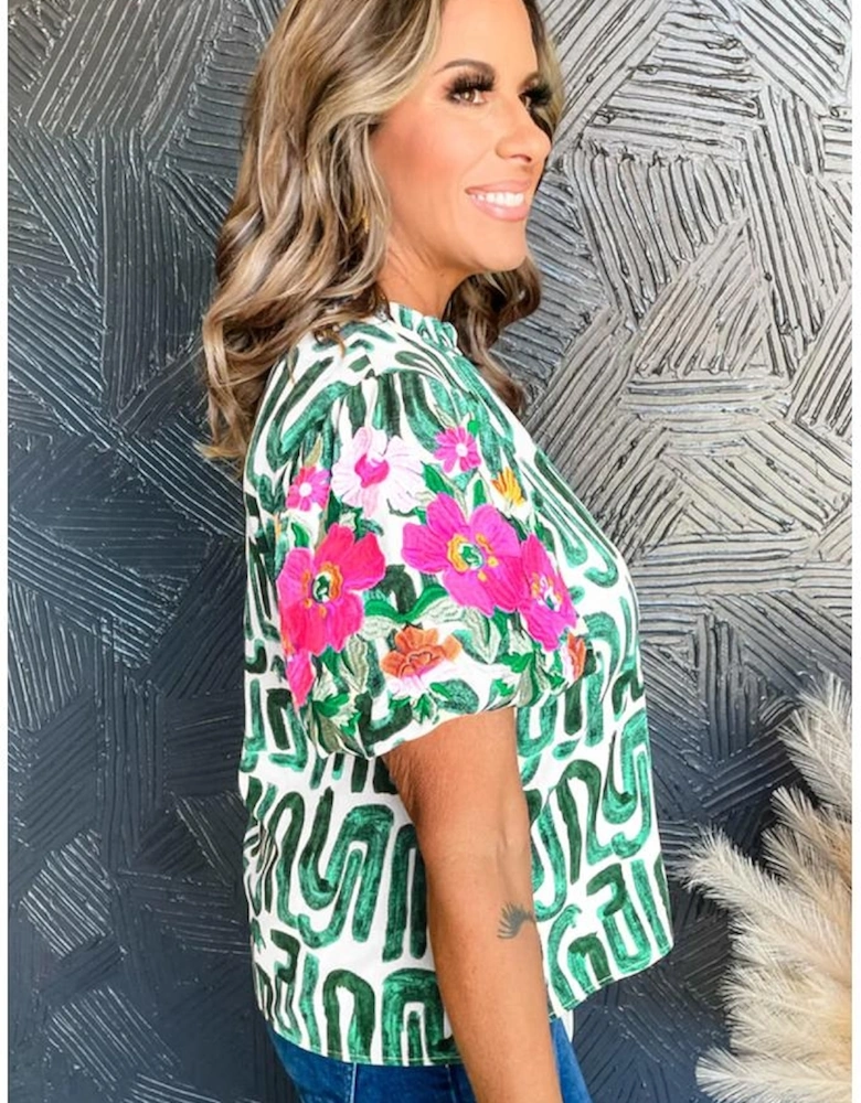 Blackish Green Embroidered Puff Sleeve Frilled Neck Printed Top