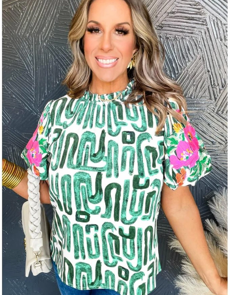 Blackish Green Embroidered Puff Sleeve Frilled Neck Printed Top