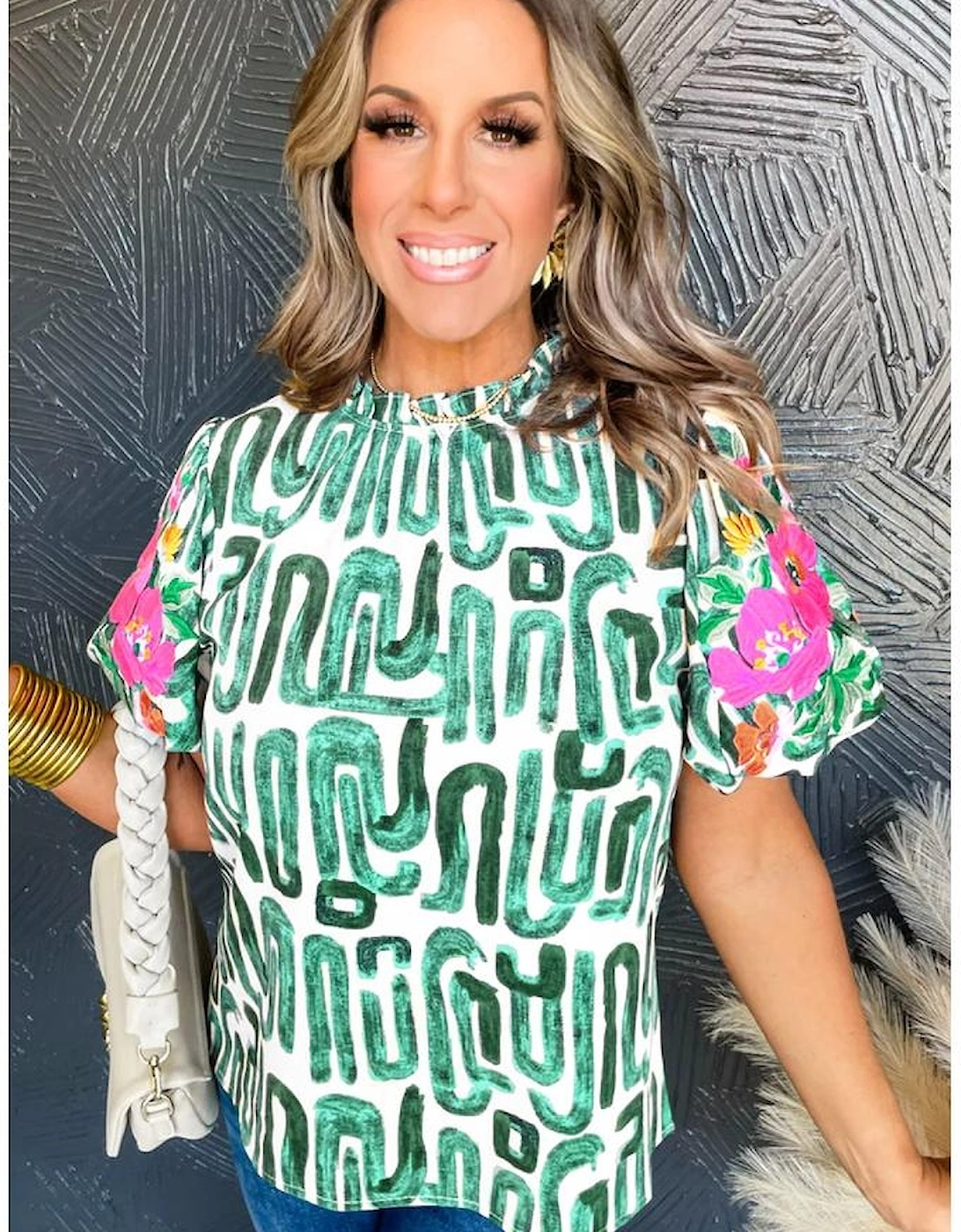 Blackish Green Embroidered Puff Sleeve Frilled Neck Printed Top