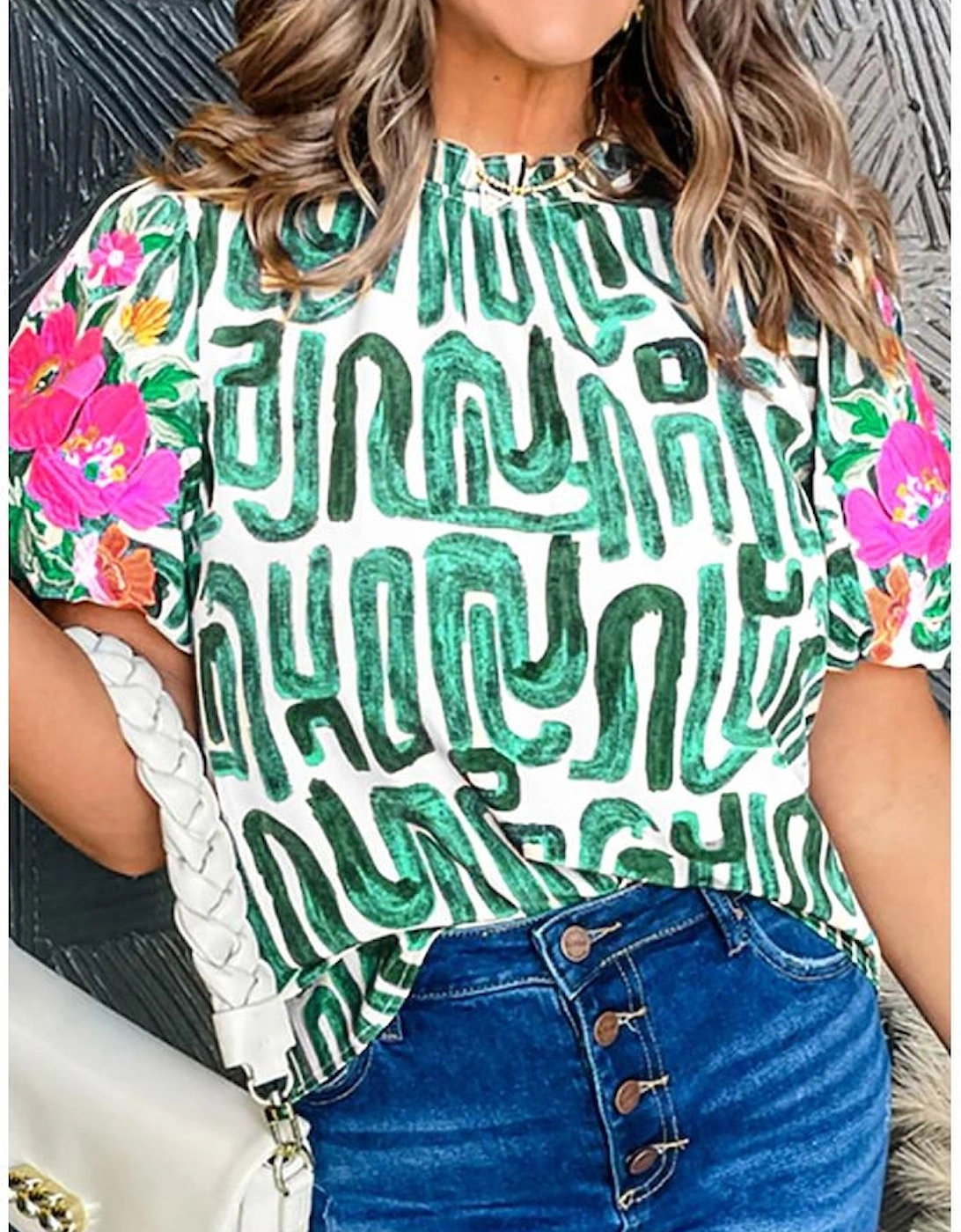 Blackish Green Embroidered Puff Sleeve Frilled Neck Printed Top, 10 of 9