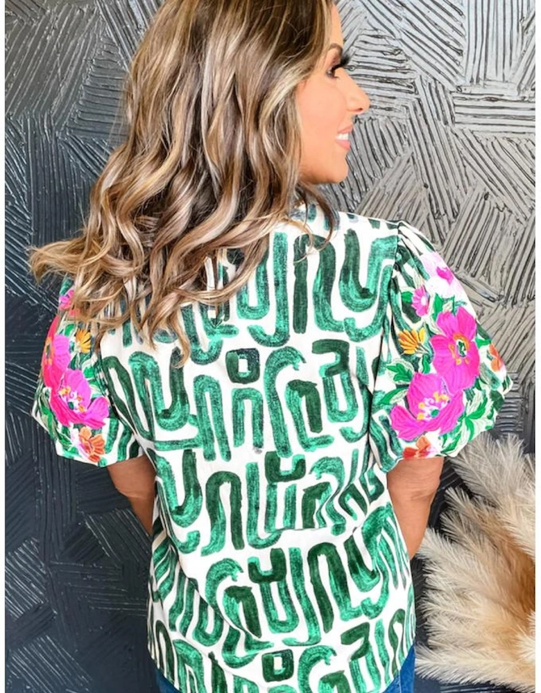 Blackish Green Embroidered Puff Sleeve Frilled Neck Printed Top