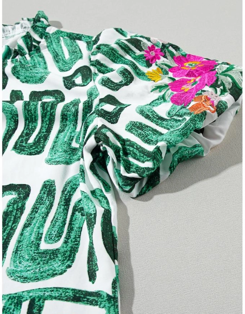 Blackish Green Embroidered Puff Sleeve Frilled Neck Printed Top