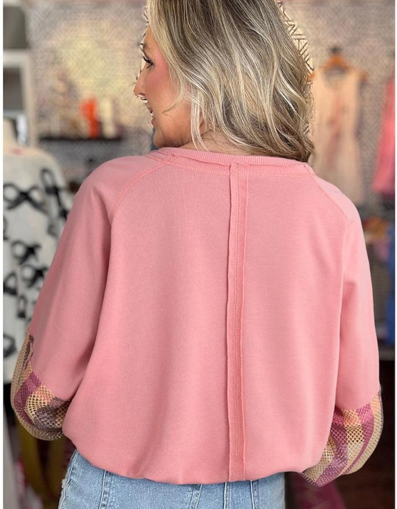 Blossom Striped Mesh Sleeve Patchwork Exposed Seam Casual Pullover Top