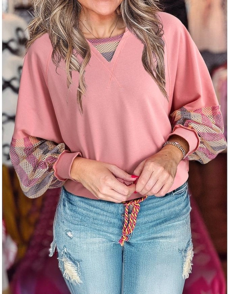Blossom Striped Mesh Sleeve Patchwork Exposed Seam Casual Pullover Top