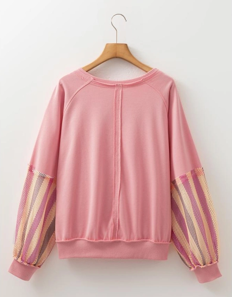 Blossom Striped Mesh Sleeve Patchwork Exposed Seam Casual Pullover Top