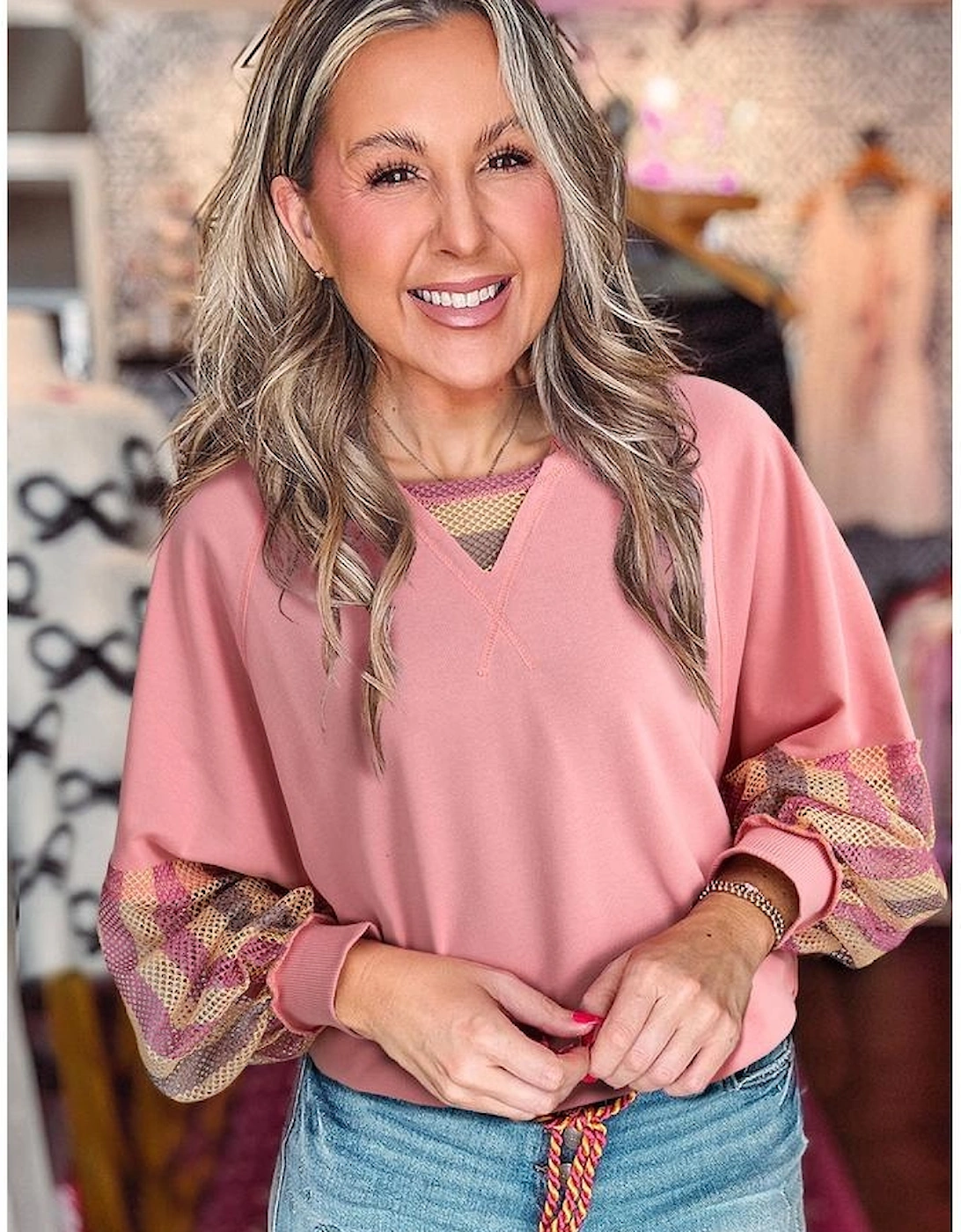 Blossom Striped Mesh Sleeve Patchwork Exposed Seam Casual Pullover Top