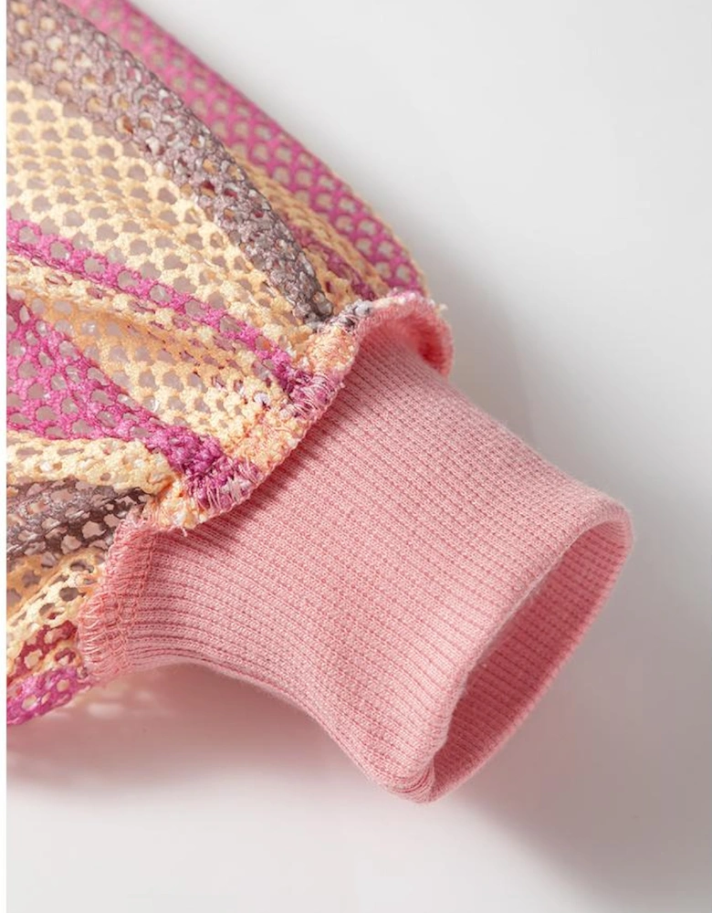 Blossom Striped Mesh Sleeve Patchwork Exposed Seam Casual Pullover Top