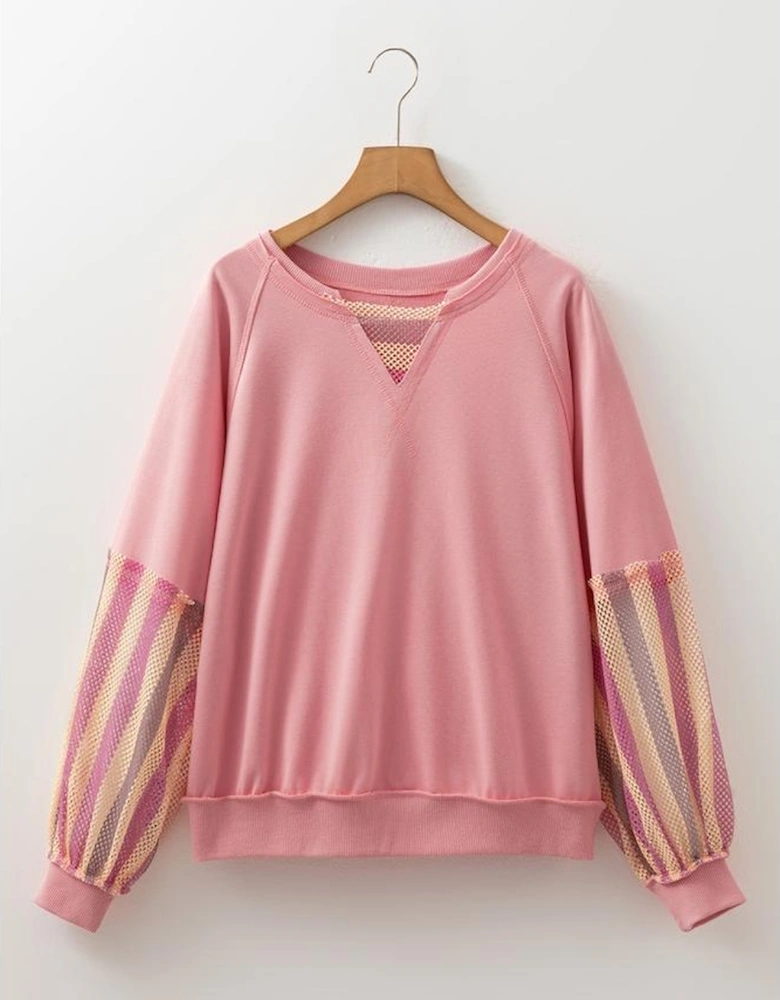 Blossom Striped Mesh Sleeve Patchwork Exposed Seam Casual Pullover Top