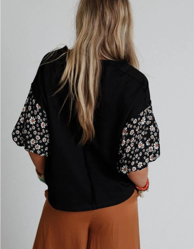 Black Contrast Floral Puff Sleeve Oversized Top