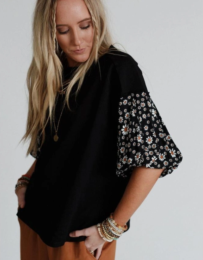 Black Contrast Floral Puff Sleeve Oversized Top