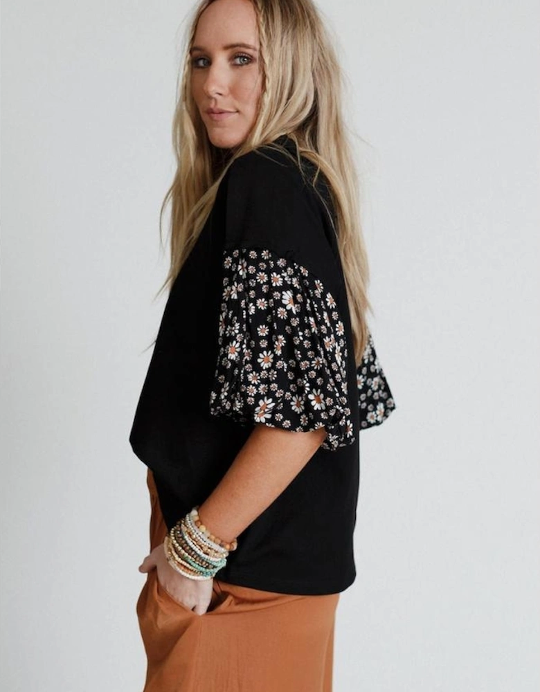 Black Contrast Floral Puff Sleeve Oversized Top
