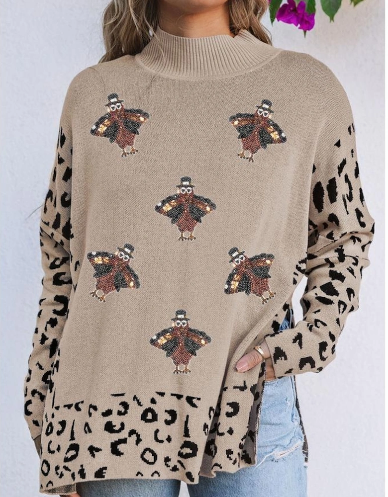 Khaki Sequin Turkey Leopard Mixed Pattern High Neck Sweater with Slits