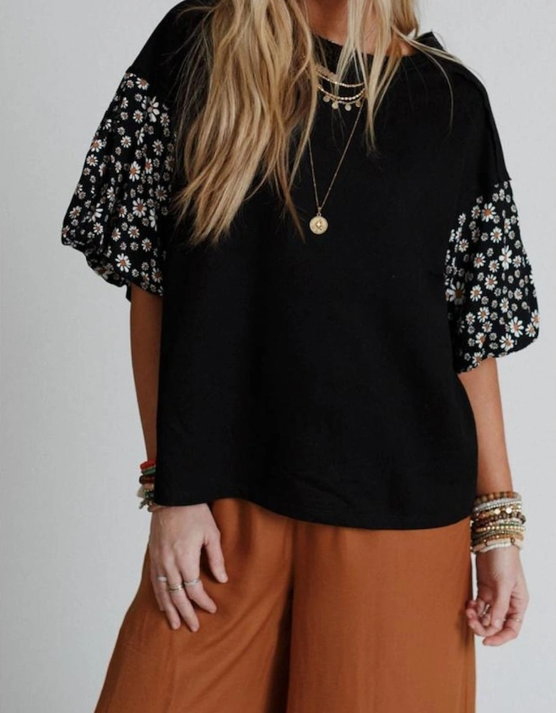 Black Contrast Floral Puff Sleeve Oversized Top