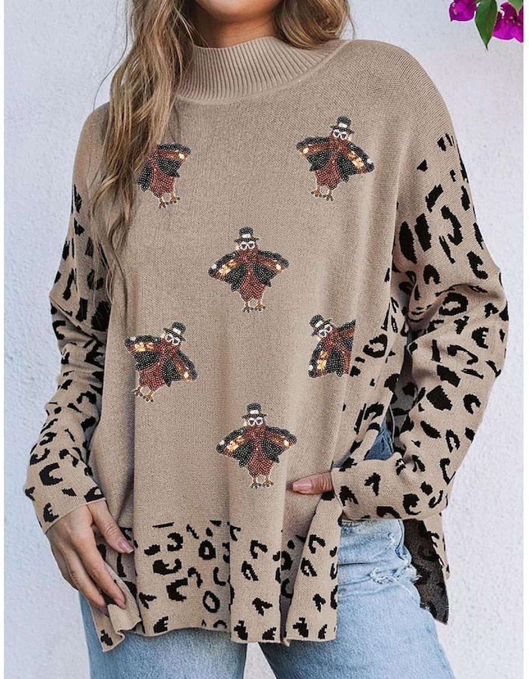 Khaki Sequin Turkey Leopard Mixed Pattern High Neck Sweater with Slits