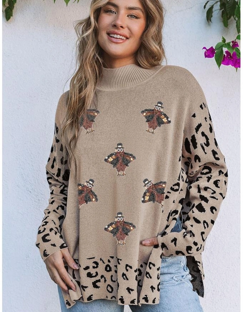 Khaki Sequin Turkey Leopard Mixed Pattern High Neck Sweater with Slits
