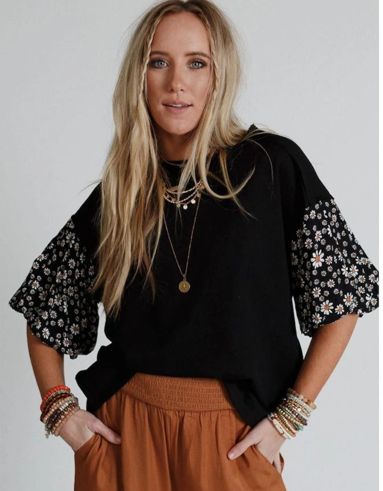 Black Contrast Floral Puff Sleeve Oversized Top