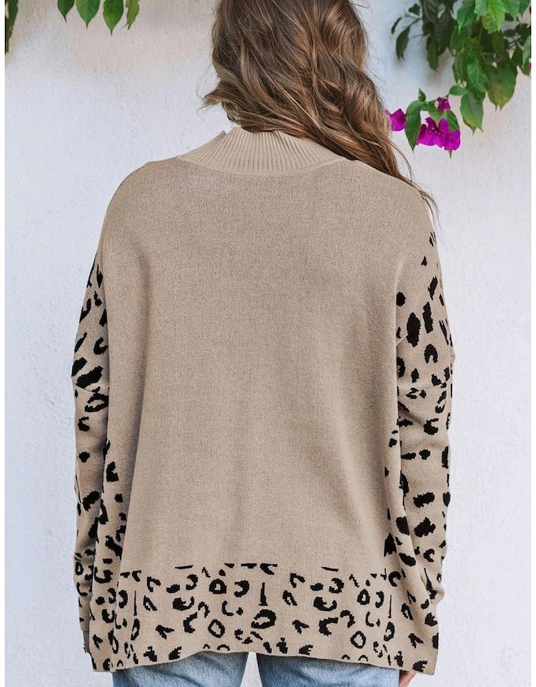 Khaki Sequin Turkey Leopard Mixed Pattern High Neck Sweater with Slits