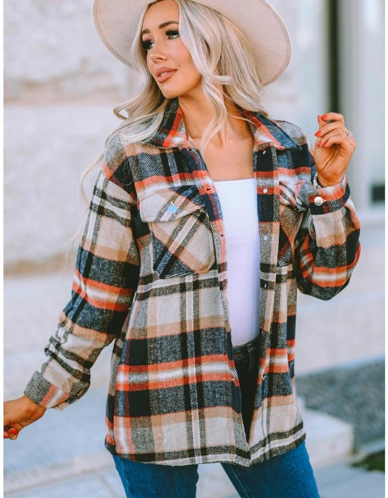 Khaki Geometric Plaid Print Pocketed Shacket