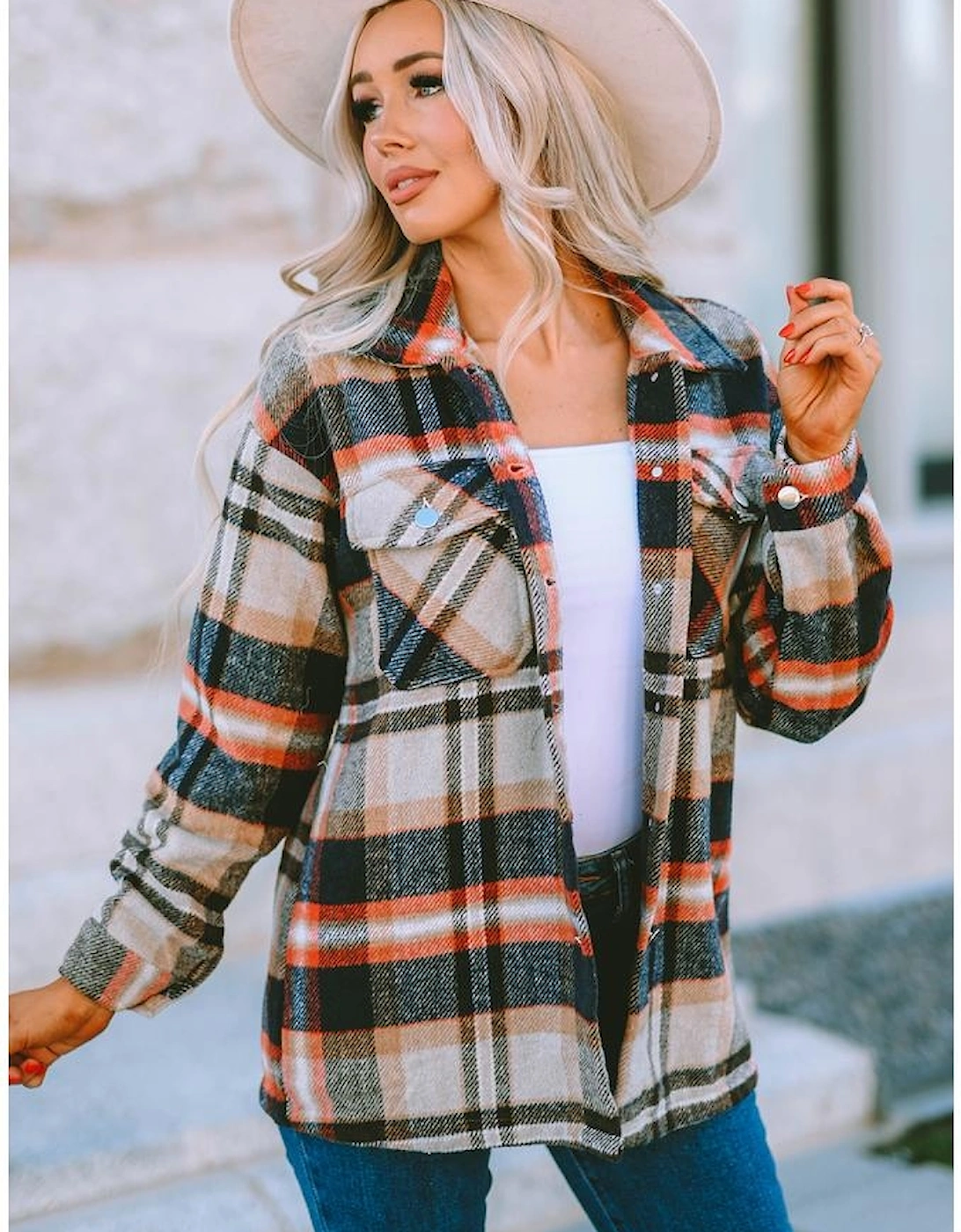 Khaki Geometric Plaid Print Pocketed Shacket