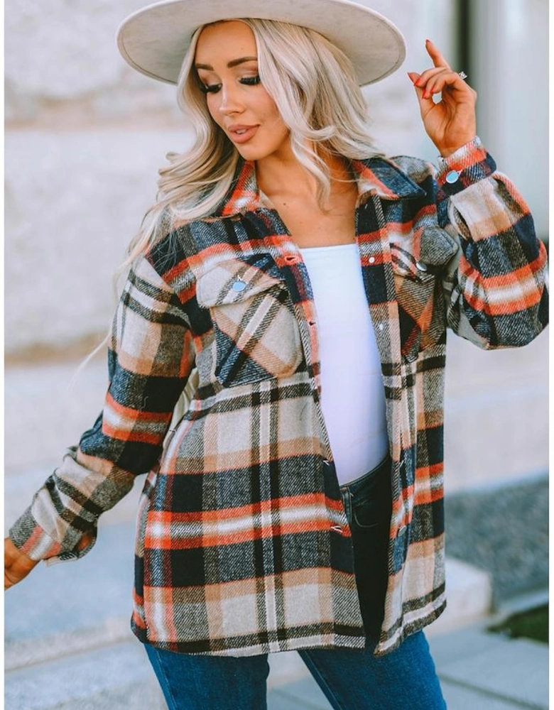 Khaki Geometric Plaid Print Pocketed Shacket