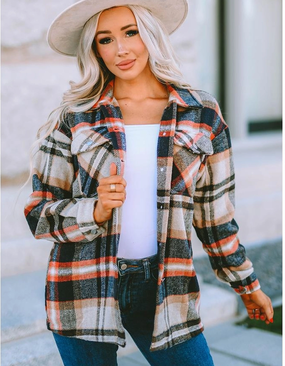 Khaki Geometric Plaid Print Pocketed Shacket