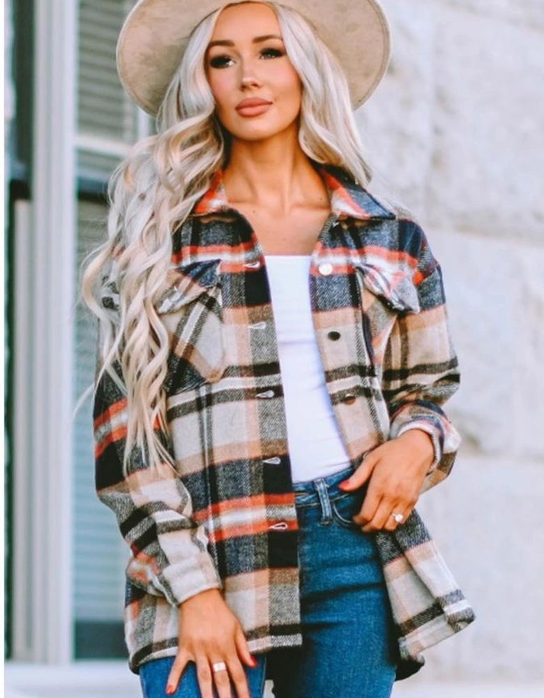 Khaki Geometric Plaid Print Pocketed Shacket