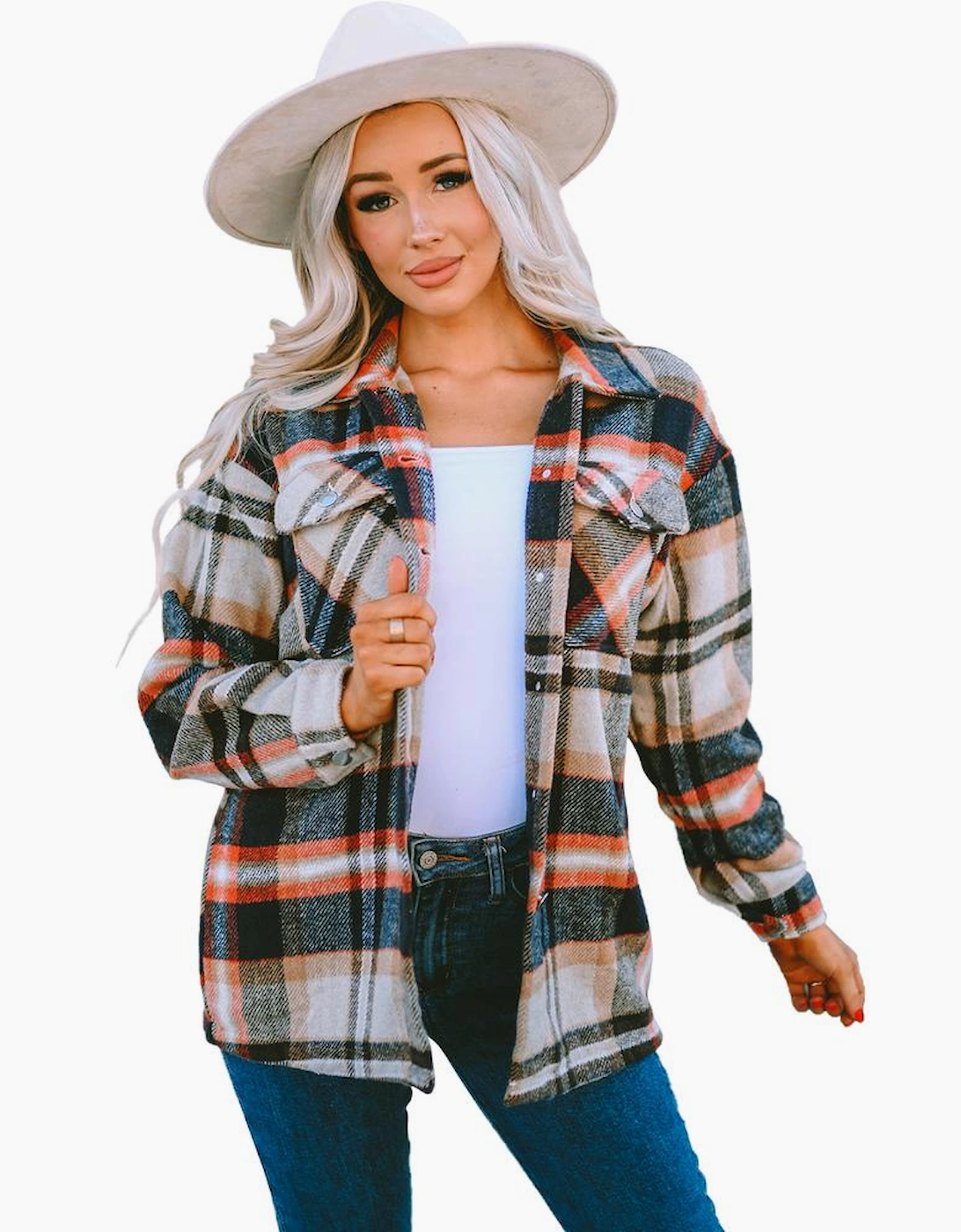 Khaki Geometric Plaid Print Pocketed Shacket