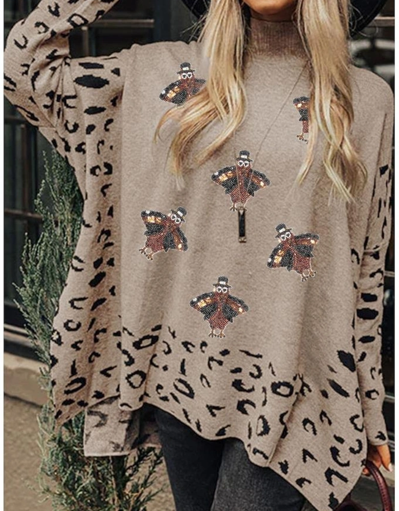 Khaki Sequin Turkey Leopard Mixed Pattern High Neck Sweater with Slits